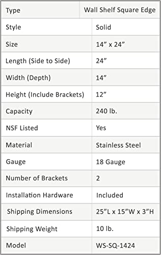 AmGood Stainless Steel Wall Shelf | Square Edge | Heavy Duty | Commercial Grade | Wall Mount | NSF Certified (14" Width x 24" Length)