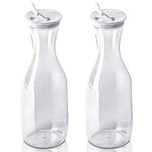 decorrack 2 large water carafes, bottles with flip top lid, 50 oz each, bpa free- plastic juice pitcher, decanter, jug, serve fridge cold iced tea, for outdoors, picnic, parties, not dishwasher safe