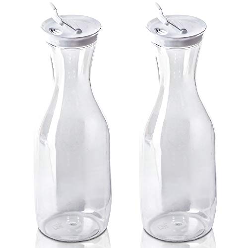 DecorRack 2 Large Water Carafes, Bottles with Flip Top Lid, 50 Oz Each, BPA Free- Plastic Juice Pitcher, Decanter, Jug, Serve Fridge Cold Iced Tea, for Outdoors, Picnic, Parties, NOT DISHWASHER SAFE