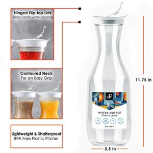 DecorRack 2 Large Water Carafes, Bottles with Flip Top Lid, 50 Oz Each, BPA Free- Plastic Juice Pitcher, Decanter, Jug, Serve Fridge Cold Iced Tea, for Outdoors, Picnic, Parties, NOT DISHWASHER SAFE