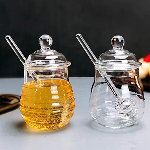 Lawei Honey Jar with Dipper and Lid Glass - Heat-Resistant 10 oz Beehive Honey Pot for Store Honey and Syrup