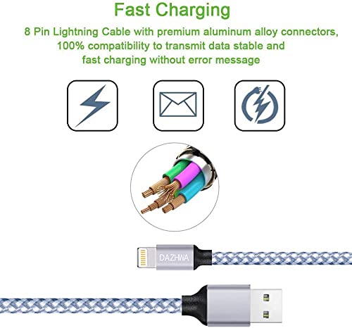 DAZHWA iPhone Charger 3pack 6ft [Apple MFi Certified] Nylon Braided USB-A to Lightning Cable Cell Phone Fast Charger Cord Compatible iPhone14/13/12/11Pro Max/XS/XR/X/8/7/iPad More