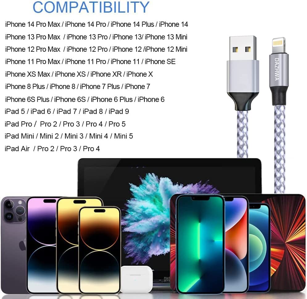 DAZHWA iPhone Charger 3pack 6ft [Apple MFi Certified] Nylon Braided USB-A to Lightning Cable Cell Phone Fast Charger Cord Compatible iPhone14/13/12/11Pro Max/XS/XR/X/8/7/iPad More