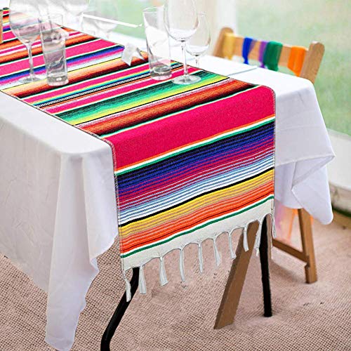 Mexican Table Runner 14 x 84 Inch Mexican Serape Table Runner for Mexican Party Wedding Decorations, Fringe Cotton Table Runner