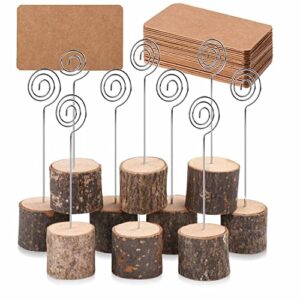 toncoo 10pcs premium wood place card holders with swirl wire and 20 pcs kraft place cards, rustic wood table number holders stands, name cards photo holders for wedding party sign food cards label