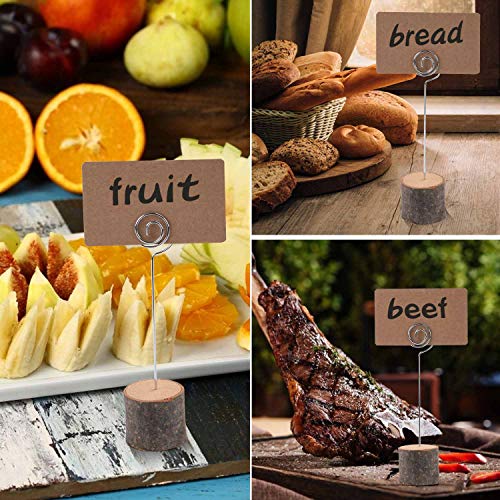 Toncoo 10Pcs Premium Wood Place Card Holders with Swirl Wire and 20 Pcs Kraft Place Cards, Rustic Wood Table Number Holders Stands, Name Cards Photo Holders for Wedding Party Sign Food Cards Label