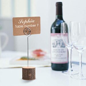 Toncoo 10Pcs Premium Wood Place Card Holders with Swirl Wire and 20 Pcs Kraft Place Cards, Rustic Wood Table Number Holders Stands, Name Cards Photo Holders for Wedding Party Sign Food Cards Label