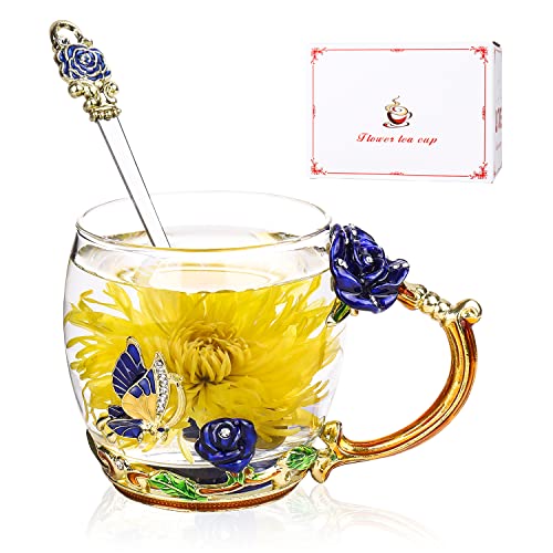 onepeng Birthday Gifts For Women, Glass Flower Tea Mugs,Fancy Tea Cups,Gifts for Mom Women Mothers Day Wife Friends Valentines Day Christmas(Rose-Blue-Short)