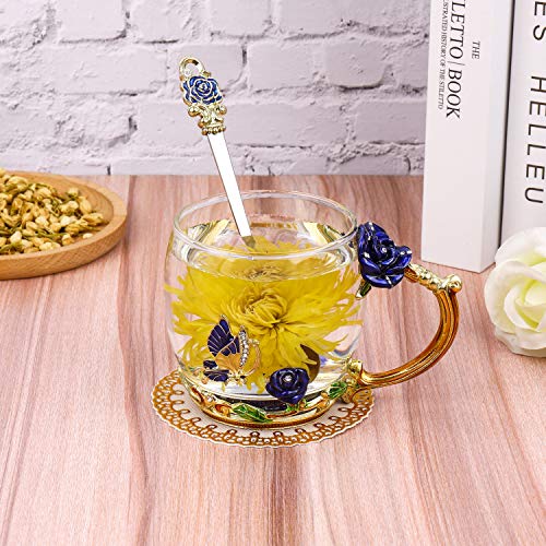 onepeng Birthday Gifts For Women, Glass Flower Tea Mugs,Fancy Tea Cups,Gifts for Mom Women Mothers Day Wife Friends Valentines Day Christmas(Rose-Blue-Short)