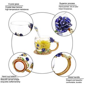 onepeng Birthday Gifts For Women, Glass Flower Tea Mugs,Fancy Tea Cups,Gifts for Mom Women Mothers Day Wife Friends Valentines Day Christmas(Rose-Blue-Short)