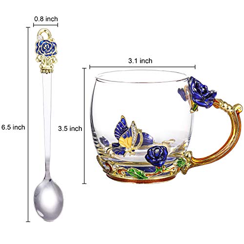 onepeng Birthday Gifts For Women, Glass Flower Tea Mugs,Fancy Tea Cups,Gifts for Mom Women Mothers Day Wife Friends Valentines Day Christmas(Rose-Blue-Short)
