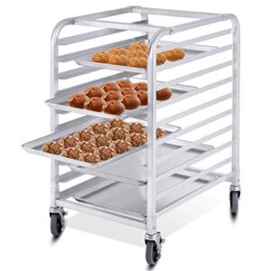 reuniong 10 tier bun pan rack, bakery rack with 2 lockable wheels, 10 sheet aluminum storage cooling trolley with open shelf, dough pizza baking mobile rack for home commercial