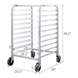 ReunionG 10 Tier Bun Pan Rack, Bakery Rack with 2 Lockable Wheels, 10 Sheet Aluminum Storage Cooling Trolley with Open Shelf, Dough Pizza Baking Mobile Rack for Home Commercial