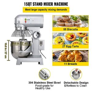 Happybuy 15Qt Commercial Food Mixer with Timing Function， Commercial Mixer 500W Stainless Steel Bowl Heavy Duty Electric Food Mixer Commercial with 3 Speeds Adjustable, Perfect for Bakery Pizzeria