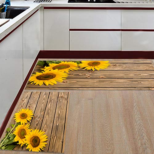 Kitchen Rugs Sets 2 Piece Floor Mats 3 Sunflower on The Wooden Table Doormat Non-Slip Rubber Backing Area Rugs Washable Carpet Inside Door Mat Pad Sets (15.7" x 23.6"+15.7" x 47.2")