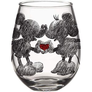 silver buffalo disney mickey and minnie classic heart glitter stemless wine glass, 20 ounces