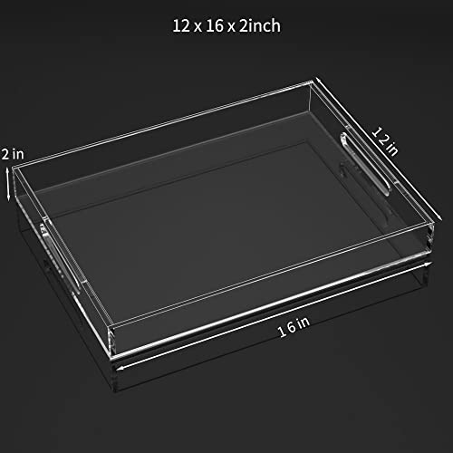 NIUBEE Clear Serving Tray 12x16 Inches -Spill Proof- Acrylic Decorative Tray Organiser for Ottoman Coffee Table Countertop with Handles