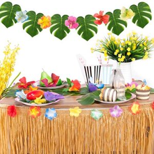 sharlity luau gold table skirts for hawaiian party decorations, luau party supplies with 9ft tropical raffia grass table skirt, tiki palm leaves and hibiscus flowers (1 pack)