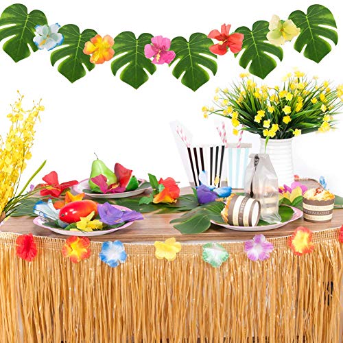 Sharlity Luau Gold Table Skirts for Hawaiian Party Decorations, Luau Party Supplies with 9ft Tropical Raffia Grass Table Skirt, Tiki Palm Leaves and Hibiscus Flowers (1 Pack)