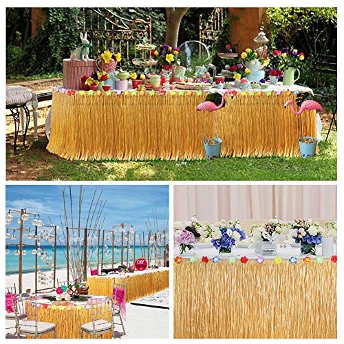 Sharlity Luau Gold Table Skirts for Hawaiian Party Decorations, Luau Party Supplies with 9ft Tropical Raffia Grass Table Skirt, Tiki Palm Leaves and Hibiscus Flowers (1 Pack)