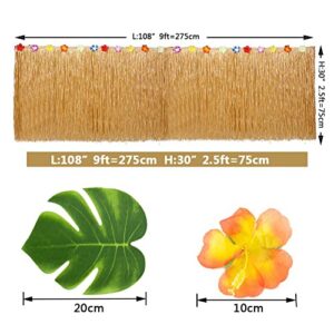 Sharlity Luau Gold Table Skirts for Hawaiian Party Decorations, Luau Party Supplies with 9ft Tropical Raffia Grass Table Skirt, Tiki Palm Leaves and Hibiscus Flowers (1 Pack)