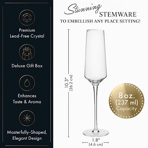 ELIXIR GLASSWARE Classy Champagne Flutes - Hand Blown Crystal Champagne Glasses - Set of 4 Elegant Flutes - Gift for Wedding, Anniversary, Christmas - 8oz, Clear