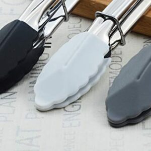 HINMAY Mini Tongs with Silicone Tips 7-Inch Small Serving Tongs, Set of 3 (Black White Gray)