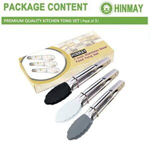 HINMAY Mini Tongs with Silicone Tips 7-Inch Small Serving Tongs, Set of 3 (Black White Gray)