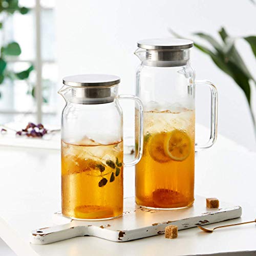 Hwagui - Heat Resistant Glass Pitcher with Stainless Steel Lid, Water Carafe with Handle, Good Beverage Pitcher for Homemade Juice and Iced Tea, 1000ml/34oz