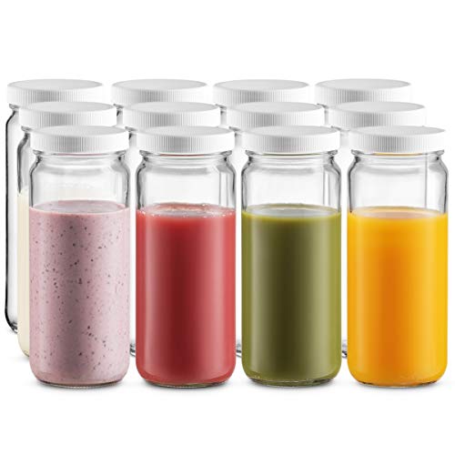 Travel Glass Drinking Bottle Jar 16 Ounce [12-Pack] Plastic Airtight Lids, Reusable Glass Water Bottle for Juicing, Smoothies, Kombucha, Tea, Milk Bottles, Homemade Beverages Bottle