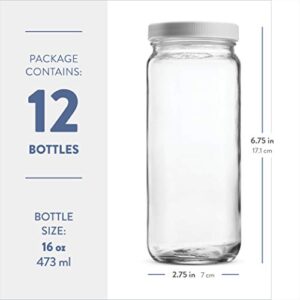 Travel Glass Drinking Bottle Jar 16 Ounce [12-Pack] Plastic Airtight Lids, Reusable Glass Water Bottle for Juicing, Smoothies, Kombucha, Tea, Milk Bottles, Homemade Beverages Bottle