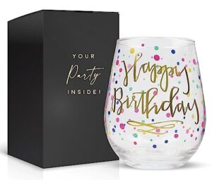 your dream party shop happy birthday 22oz stemless wine glass, happy birthday wine glass with gold print, perfect birthday glass, happy birthday wine glasses for women, birthday cup