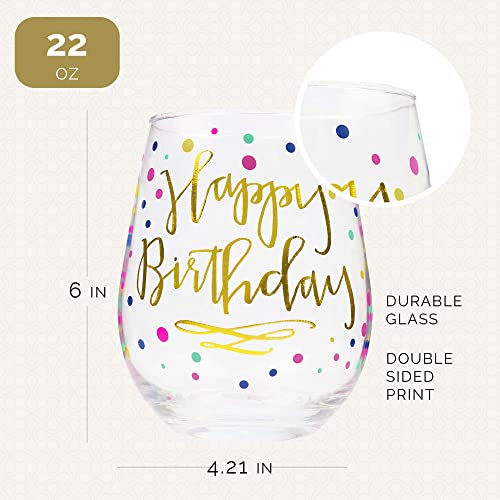 Your Dream Party Shop Happy Birthday 22oz Stemless Wine Glass, Happy Birthday Wine Glass with Gold Print, Perfect Birthday Glass, Happy Birthday Wine Glasses For Women, Birthday Cup