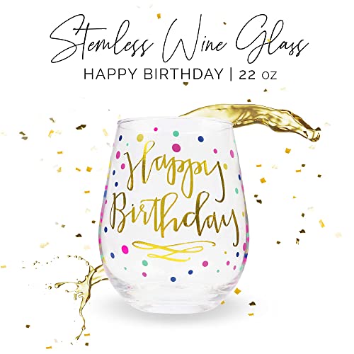 Your Dream Party Shop Happy Birthday 22oz Stemless Wine Glass, Happy Birthday Wine Glass with Gold Print, Perfect Birthday Glass, Happy Birthday Wine Glasses For Women, Birthday Cup