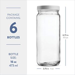 Travel Glass Drinking Bottle Mason Jar 16 Ounce [6-Pack] Plastic Airtight Lids, Reusable Glass Water Bottle for Juicing, Smoothies, Kombucha, Tea, Milk Bottles, Homemade Beverages Bottle,