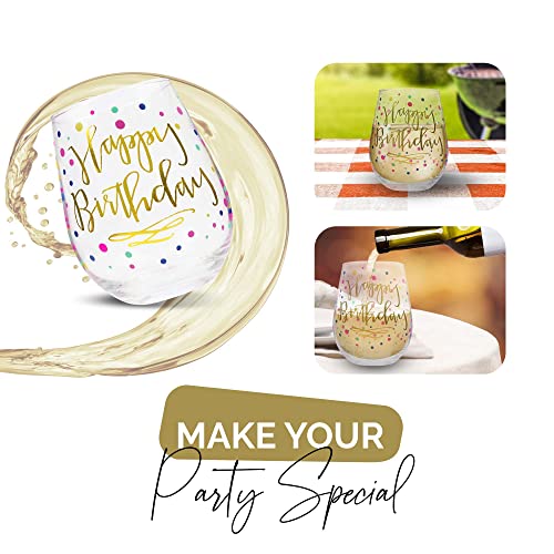 Your Dream Party Shop Happy Birthday 22oz Stemless Wine Glass, Happy Birthday Wine Glass with Gold Print, Perfect Birthday Glass, Happy Birthday Wine Glasses For Women, Birthday Cup