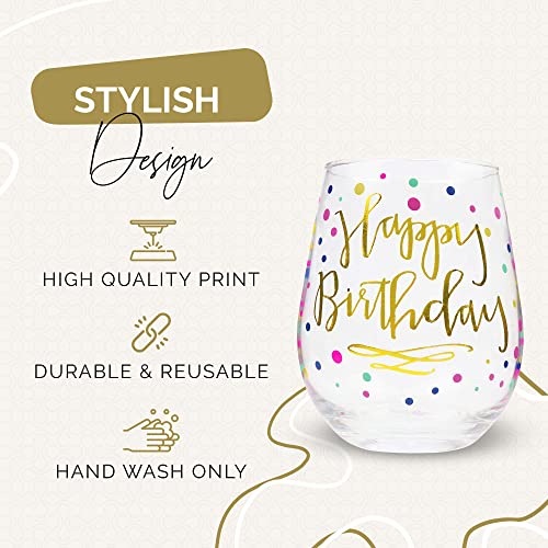 Your Dream Party Shop Happy Birthday 22oz Stemless Wine Glass, Happy Birthday Wine Glass with Gold Print, Perfect Birthday Glass, Happy Birthday Wine Glasses For Women, Birthday Cup