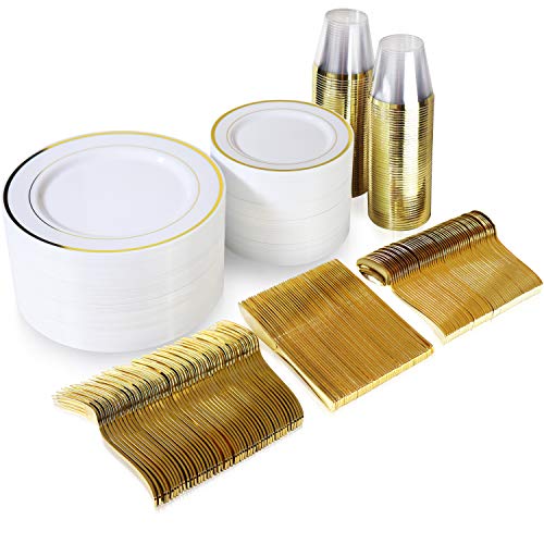 600 Piece Gold Dinnerware Set – 200 White and Gold Plastic Plates – Set of 300 Gold Plastic Silverware – 100 Gold Plastic Cups – Disposable Gold Dinnerware Set for Party or Wedding up to 100 Guests