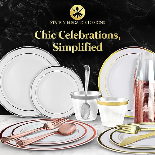 600 Piece Gold Dinnerware Set – 200 White and Gold Plastic Plates – Set of 300 Gold Plastic Silverware – 100 Gold Plastic Cups – Disposable Gold Dinnerware Set for Party or Wedding up to 100 Guests