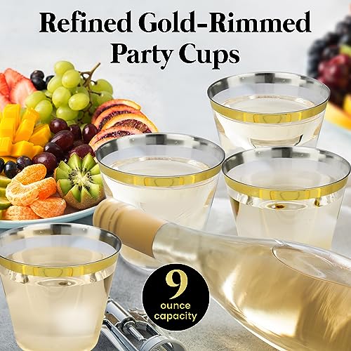 600 Piece Gold Dinnerware Set – 200 White and Gold Plastic Plates – Set of 300 Gold Plastic Silverware – 100 Gold Plastic Cups – Disposable Gold Dinnerware Set for Party or Wedding up to 100 Guests