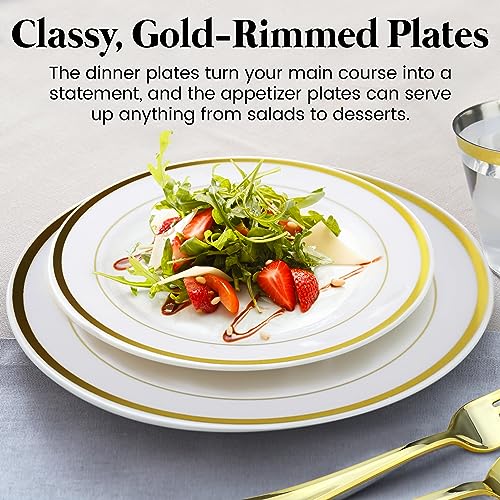 600 Piece Gold Dinnerware Set – 200 White and Gold Plastic Plates – Set of 300 Gold Plastic Silverware – 100 Gold Plastic Cups – Disposable Gold Dinnerware Set for Party or Wedding up to 100 Guests