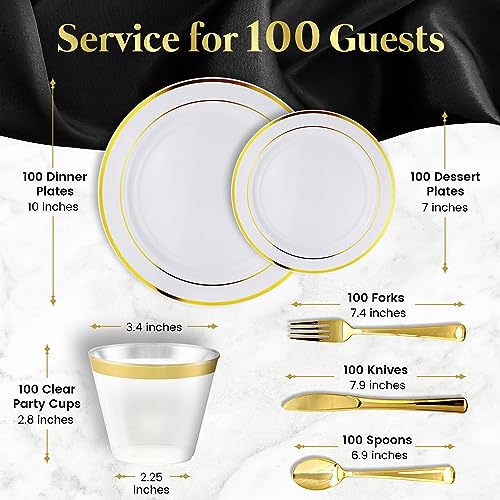 600 Piece Gold Dinnerware Set – 200 White and Gold Plastic Plates – Set of 300 Gold Plastic Silverware – 100 Gold Plastic Cups – Disposable Gold Dinnerware Set for Party or Wedding up to 100 Guests