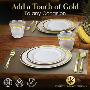 600 Piece Gold Dinnerware Set – 200 White and Gold Plastic Plates – Set of 300 Gold Plastic Silverware – 100 Gold Plastic Cups – Disposable Gold Dinnerware Set for Party or Wedding up to 100 Guests