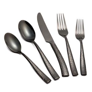 Kelenfer Flatware Set 20 Piece Black Stainless Steel Cutlery Set Forged with Hammered Handle Service for 4