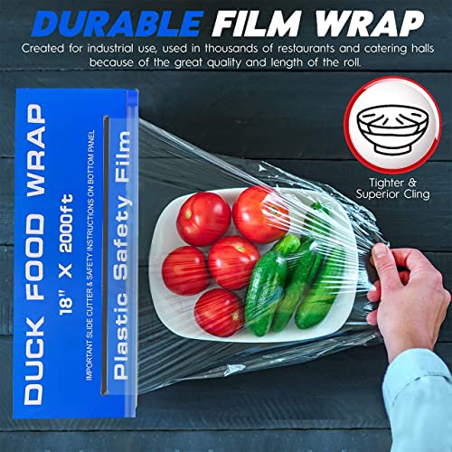 Duck Food Safety Film, 18 inch x 2000ft Plastic Wrap, Commercial Grade, Great for Sealing and Storage, Used for Food Service Industry, Easy to Use Slide Cutter for Clean Cut Use (1 Box)