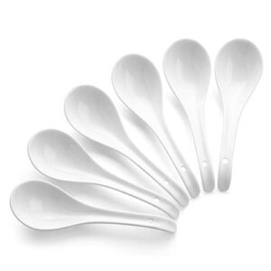 dowan soup spoons, ceramic chinese soup spoons, asian soup spoons, white japanese spoon large for ramen pho wonton dumpling miso, deep oval hook design, set of 6