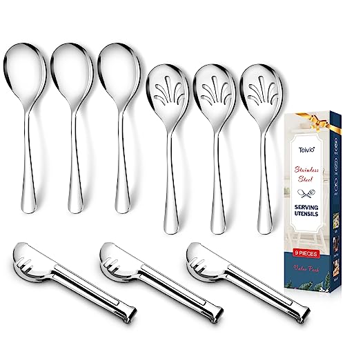 Stainless Steel Metal Serving Utensils - Large Set of 9-10" Serving Spoons, 10" Slotted Spoons, and 9" Serving Tongs by Teivio (Silver)