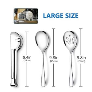 Stainless Steel Metal Serving Utensils - Large Set of 9-10" Serving Spoons, 10" Slotted Spoons, and 9" Serving Tongs by Teivio (Silver)