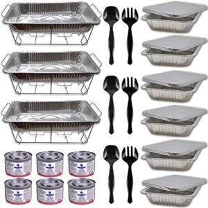 disposable chafing dish buffet set, food warmers for parties, 30 pcs buffet servers and warmers, catering supplies, pans (9x13), warming trays for food, with covers, utensils, lids & sterno fuel cans