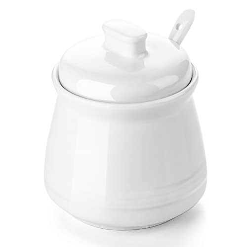 DOWAN Sugar Bowl with Lid and Spoon, 12 oz Ceramic Sugar Container, Sugar Jar for Kitchen, Coffee bar, Countertop, Ghee Container, Modern Farmhouse Kitchen Decor, White